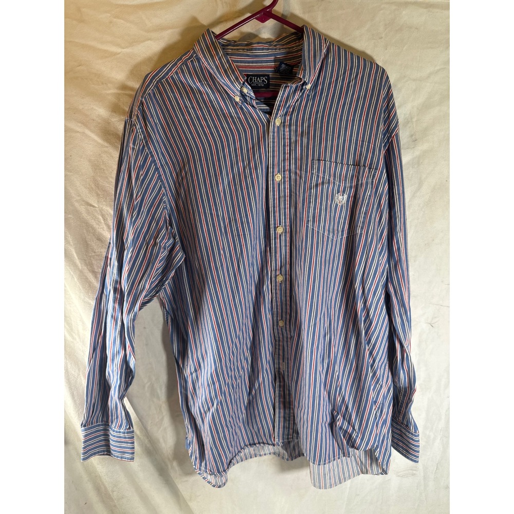 Chaps Mens XL Button Down Shirt Blue Red White Striped Long Sleeve Cotton